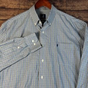 Johnnie-O Mens XL Prep-Formance Plaid Button Down Shirt Blue Tan Bamboo Stretch